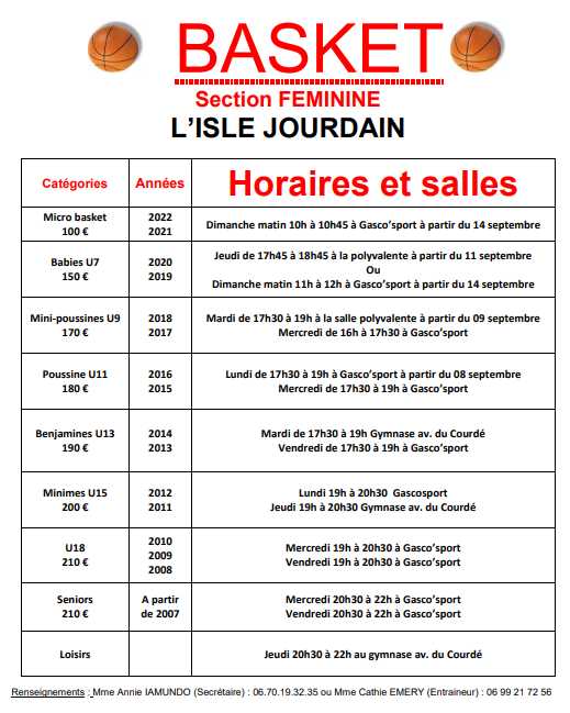 Horaires entraînements 2025-2026